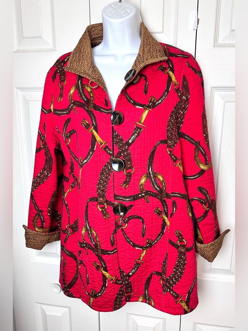 PATTY KIM Horse Bit Equestrian Quilted Jacket Coat Red Tan Brown Reversible Gold